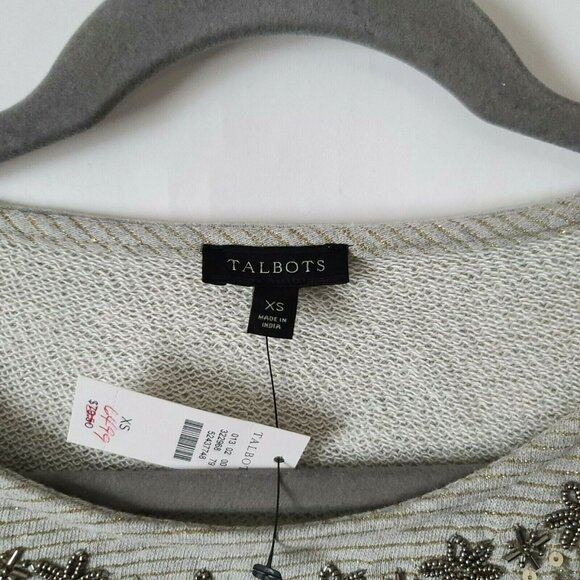 Talbots 3/4 Sleeve Top Blouse Sequin Neck XS Gray w Metallic Stripes Preppy NWT - Picture 2 of 9
